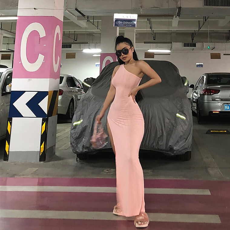 Rejea Robe Snug Bodycon Vestidos New Pink Hot Sale One Shoulder Split Summer Ribbed Dress Women Slim Fitness Sexy Maxi Clothes