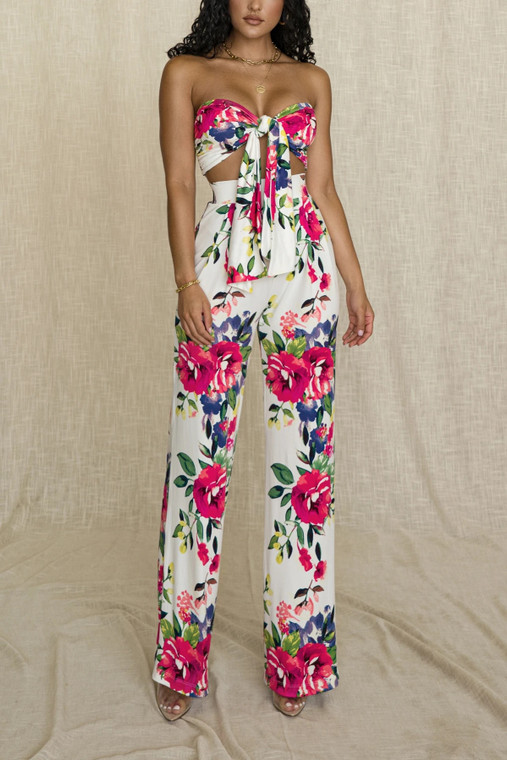 Rejea  New Style Women’s Summer Two Piece Suit Sexy Flower Print Lace-up Tube Top High Waist Long Pants Strapless Sets