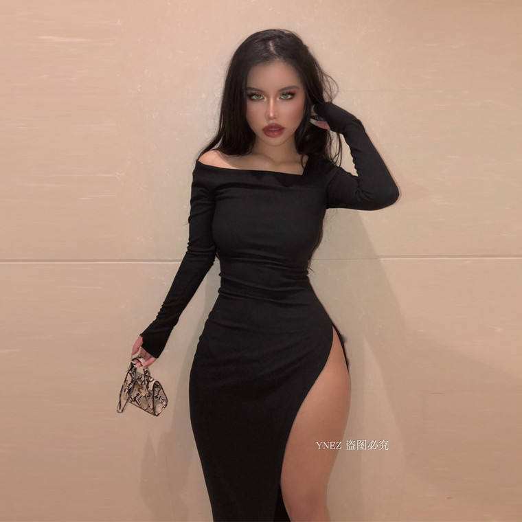Rejea Women Slash Neck Long Sleeve Maxi Dress Winter Side Split Bodycon Robe Sexy Birthday Party Night Cute Dresses
