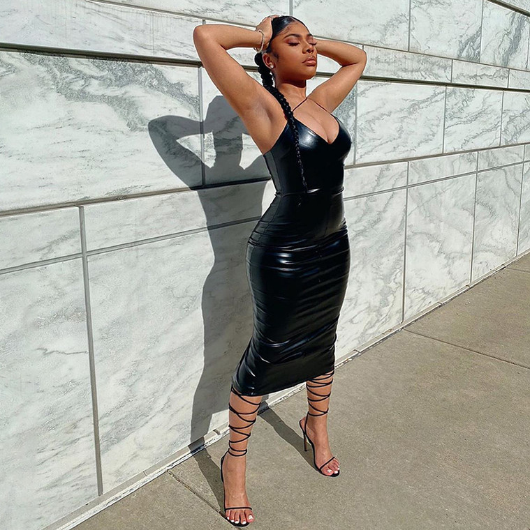 Rejea Pu Faux Leather Women Slit Midi Dress Strap V Neck Backless Bodycon Sexy Streetwear Party Elegant Autumn Winter Club