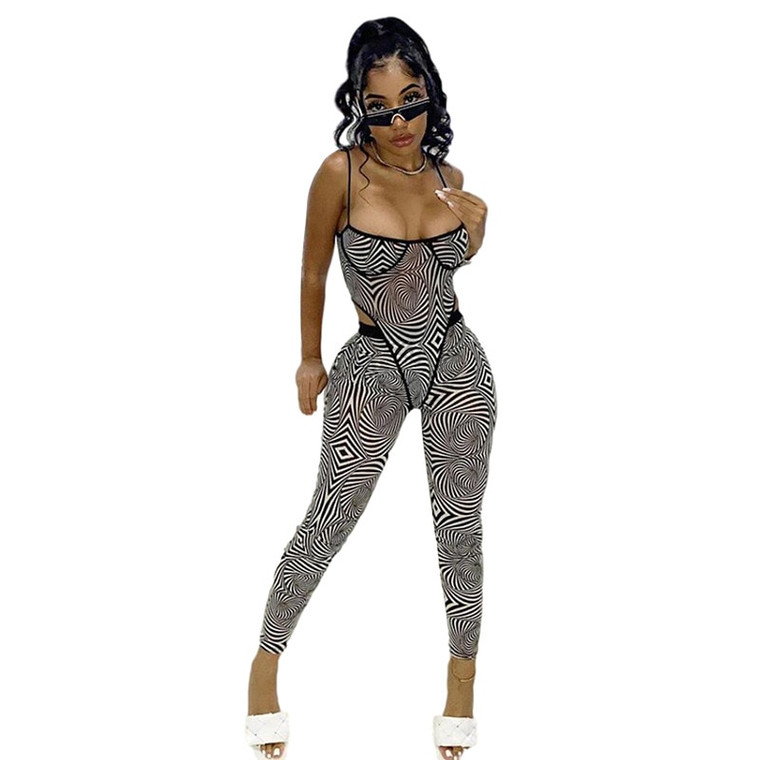 Rejea Sheer Mesh Print Strap Bodysuit and Pants Two Piece Set Sexy Backless Skinny Bodycon Matching Set Party Club Outfits
