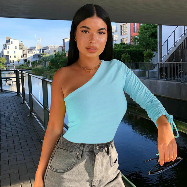 REJEA drawstring ruched women t shirt crop top one shoulder bodycon sexy streetwear party club elegant autumn winter clothes