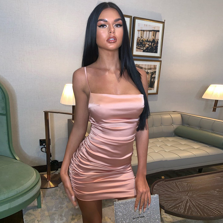 REJEA ruched satin women mini dress strap backless bodycon sexy party autumn winter clothes elegant clothes cross outfit