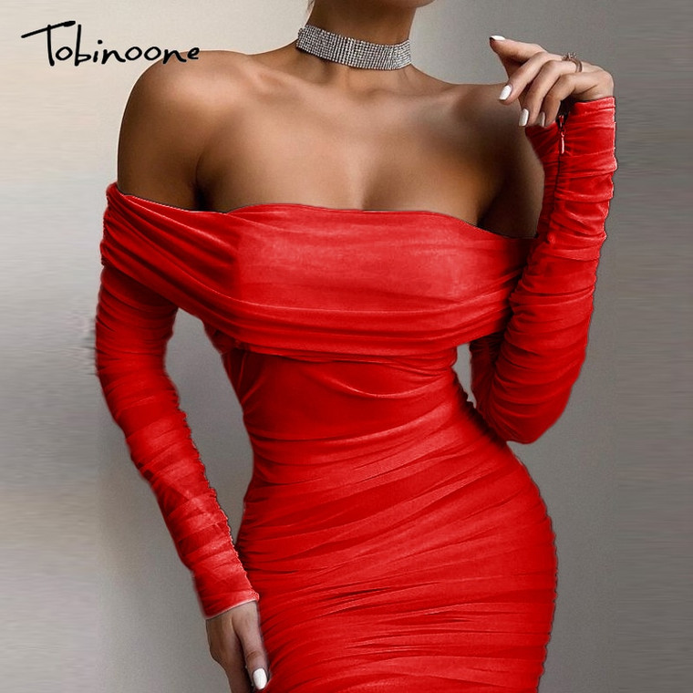 REJEA  Off Shoulder Ruched Double Layer Mesh Dress Women Long Sleeve Sexy Dresses Ladies Autumn Party Long Christmas Dress