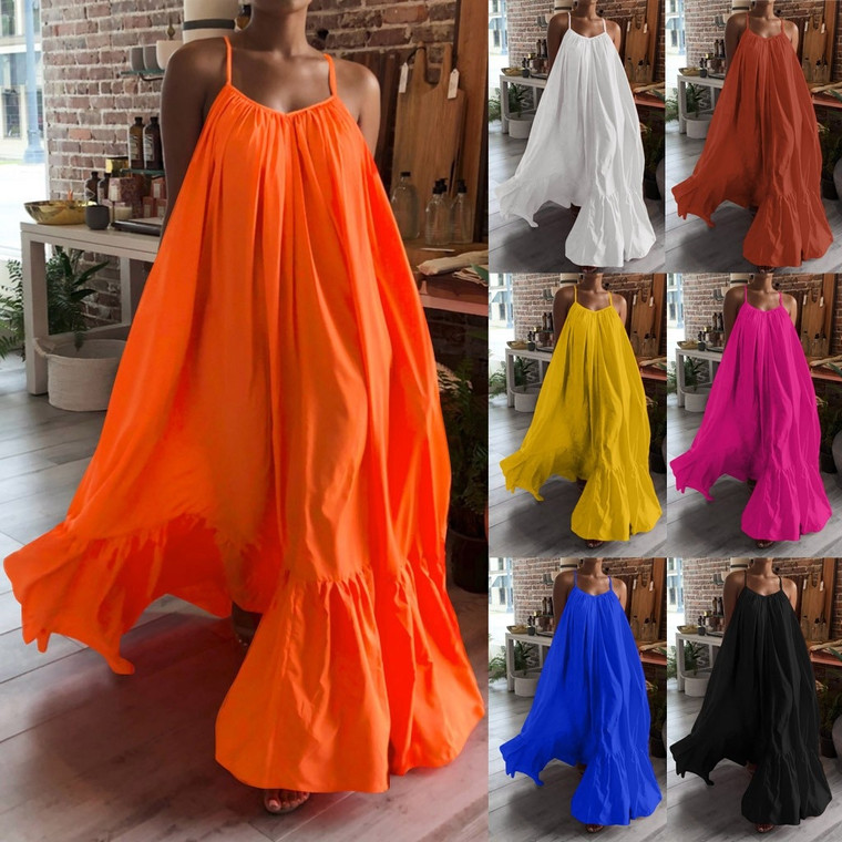 REJEA Women Fashion Dresses Casual Solid Strap Dress Pocket Loose Backless Big Swing Dress Long Summer Dresses Beach Robe Femme