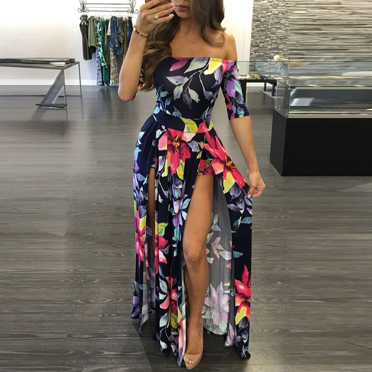 REJEA  Women Dresses Summer Ankle-Length Long Dress Female Floral Print High Slit Bohemian Maxi Dress Beachwear Lady Vestidos