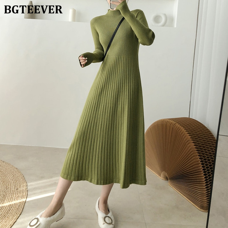 REJEA Elegant Warm Half Turtleneck Ladies A-line Sweater Dress Full Sleeve Slim Waist Women Knitted Mid-Calf Vestidos Autumn
