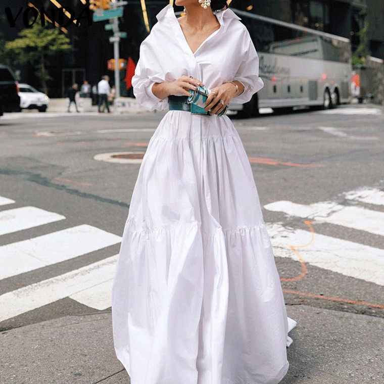 REJEA Women Shirt Dress Ladies Lantern Sleeve Solid Color Party Dresses Plus Size Bohemian Loose Vestidos Femme Sundress