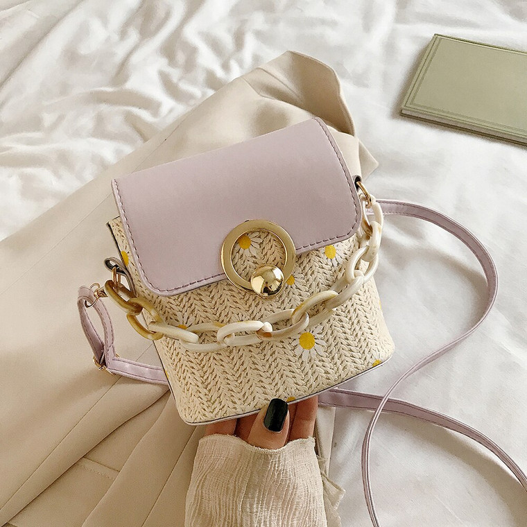 Rejea Straw Shoulder Bag For Women Daisy Bucket Crossobdy Bags Women Woven Beach PU Leather Splicing Totes Lady Travel Handbag