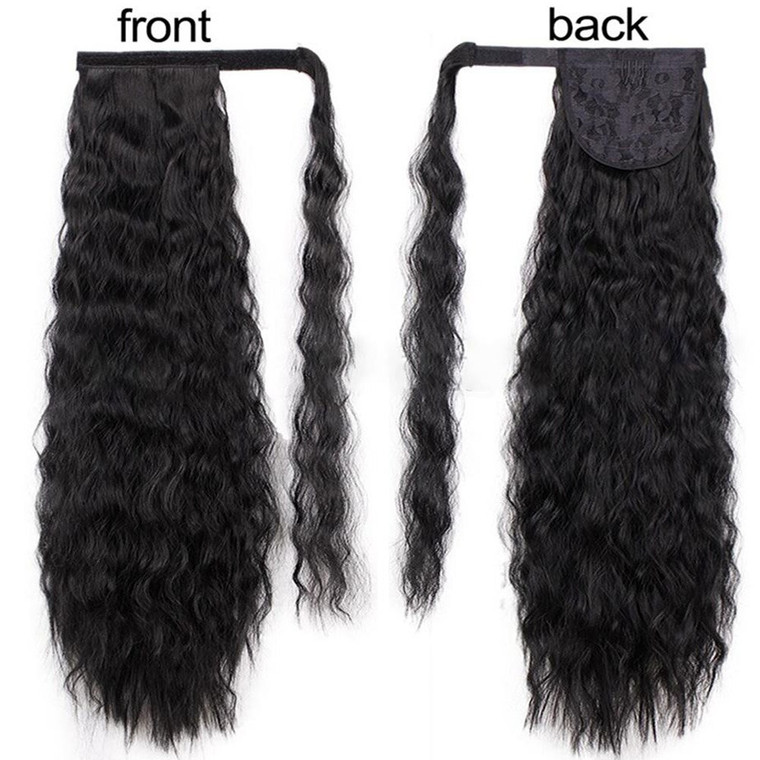 Rejea Long Wavy Ponytail Extension Black Brown for Women Synthetic Wrap Around Magic Paste Curly Ponytail Corn Wave Clip in Hair
