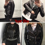 Rejea New Women Spring Autumn Black Faux Leather Jackets Zipper Basic Coat Turn-down Collar Motor Biker Jacket With Belt