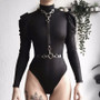 Rejea Women Sexy Casual Stain Turtleneck Long Puff Sleeve Bodysuit Tops Black Ribbed Female Fashion Party Short Romper Bodysuit