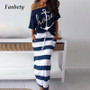 REJEA women sexy off shoulder Two Piece Sets dress Boat Anchor Print Shirts Striped dress Sets Lady casual Ankle-Length dress