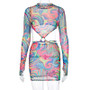 REJEA Long Sleeve Tie Dye Style Patchwork Sequined Backless Mini Dress Spring Summer Women Fashion Sexy Partywear