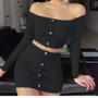 Rejea Summer Women's Bodycon Suits Long Sleeve Slash Neck Crop Top + Short Skirt Casual Slim Streetwear Sweet 2Pcs Set