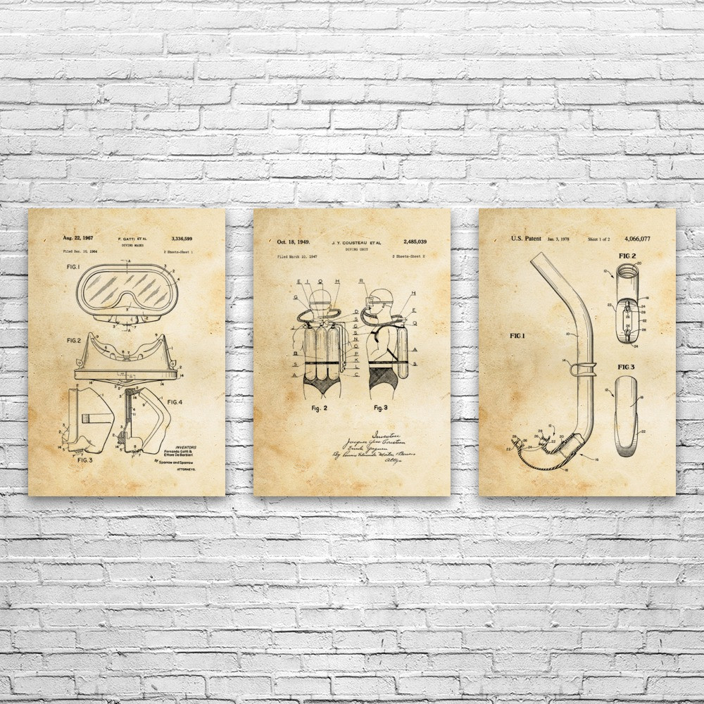 Scuba Diving Patent Wall Art Set of 3