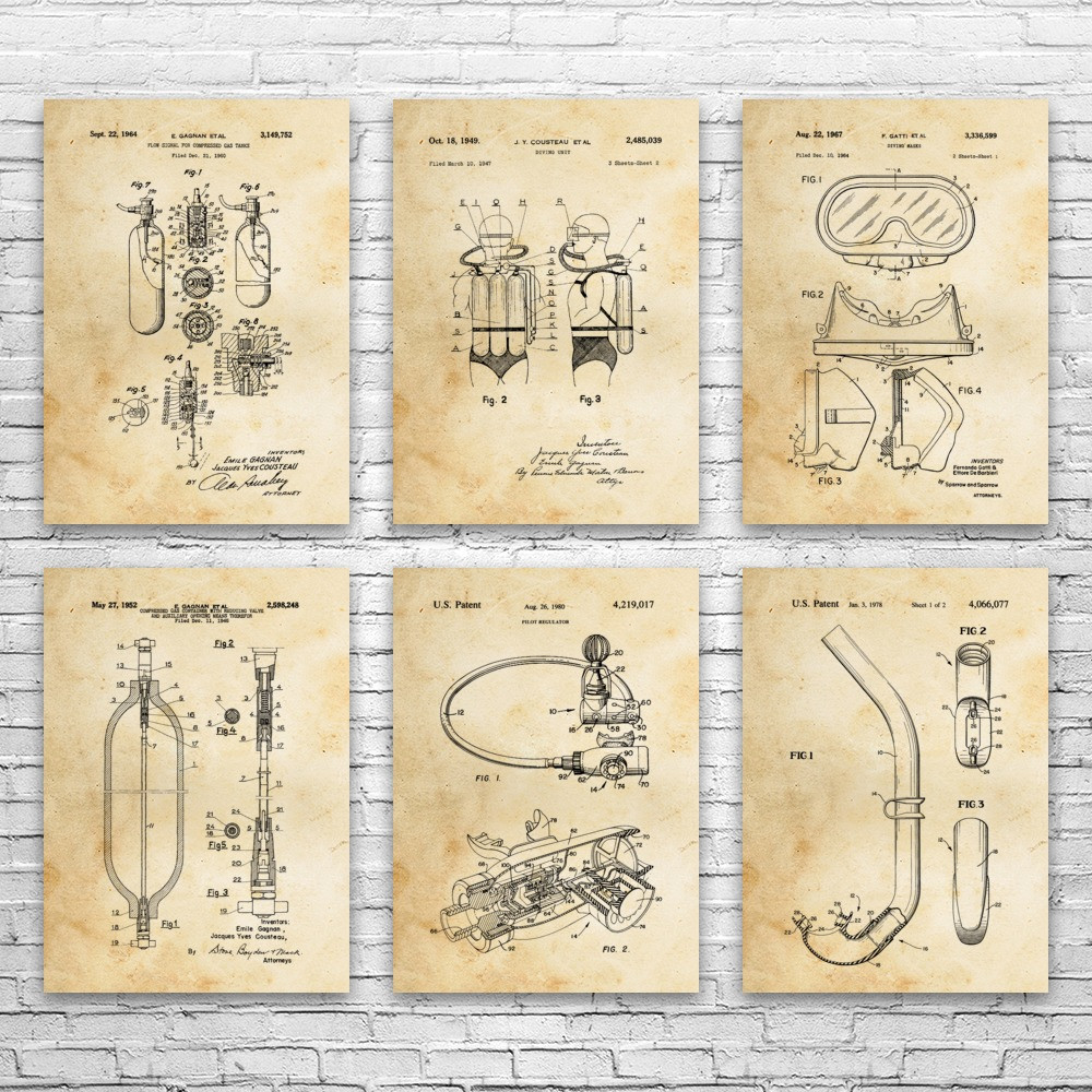Scuba Diving Patent Wall Art Set of 6
