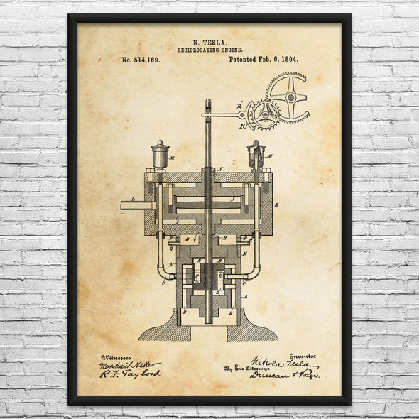Nikola Tesla Reciprocating Engine Patent Wall Art