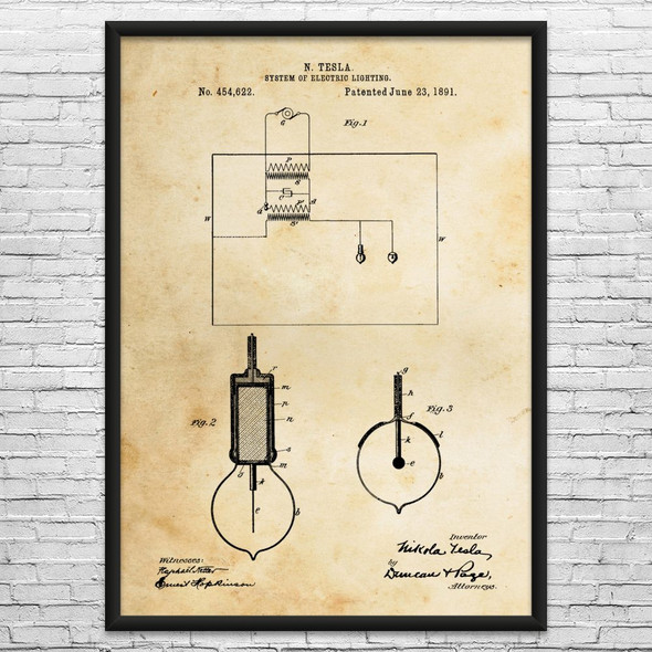 Nikola Tesla Light Bulb Patent Wall Art