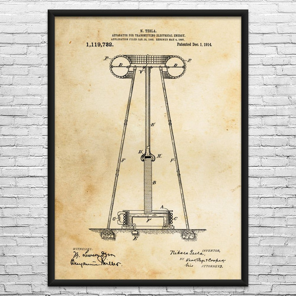 Nikola Tesla Electricity Transmitter Patent Wall Art