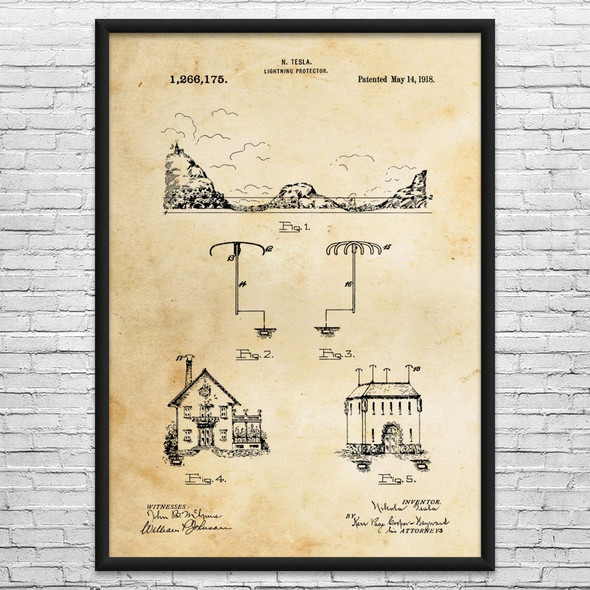 Nikola Tesla Lightning Rod Patent Wall Art