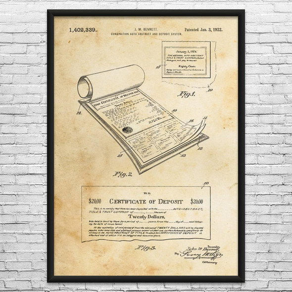 Certificate of Deposit Patent Wall Art