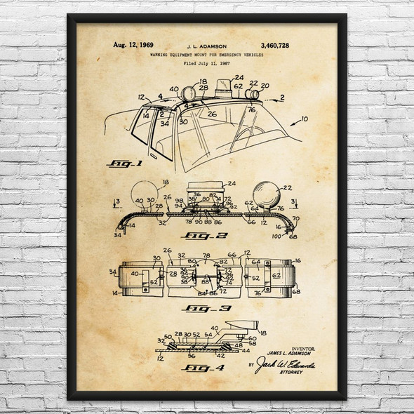 Police Lights Siren Patent Wall Art