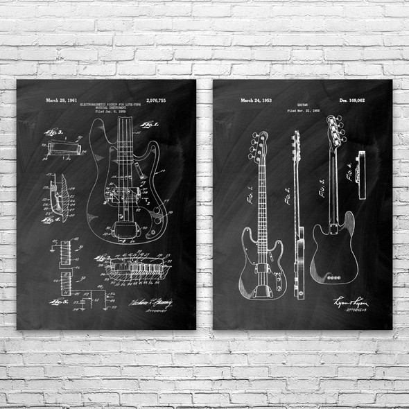 Bass Guitar Patent Wall Art Set of 2
