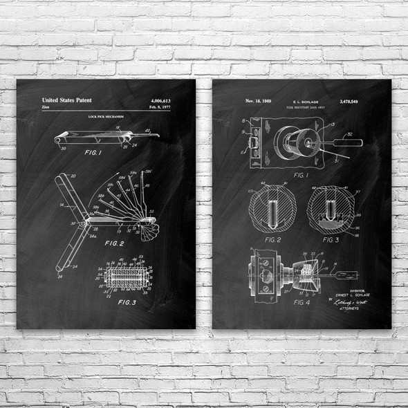 Lock Pick Patent Wall Art Set of 2