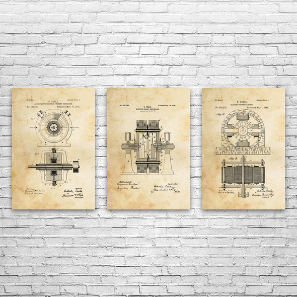 Nikola Tesla Inventions Patent Wall Art Set of 3