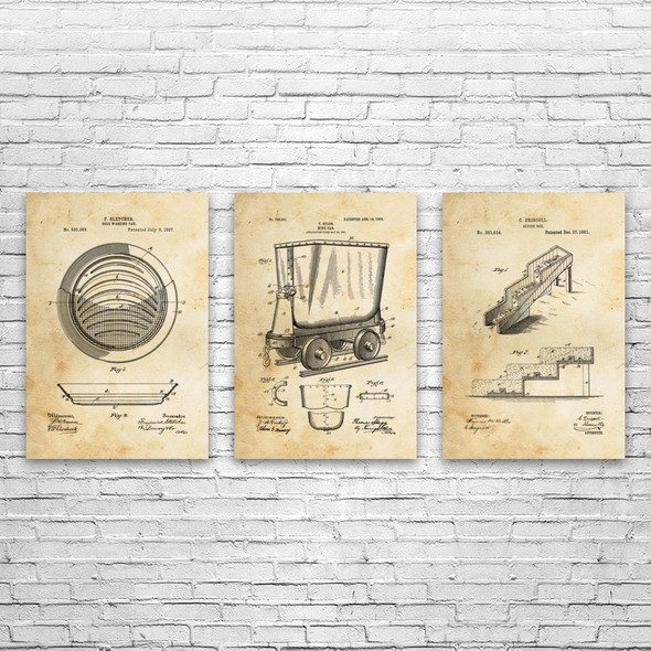 Gold Mining Patent Wall Art Set of 3