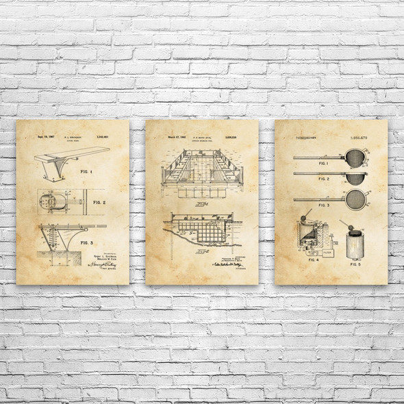 Swimming Pool Patent Wall Art Set of 3 Swimming Pool Patent Wall Art Set of 3