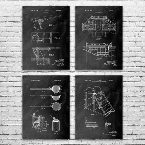 Swimming Pool Patent Wall Art Set of 4 Swimming Pool Patent Wall Art Set of 4