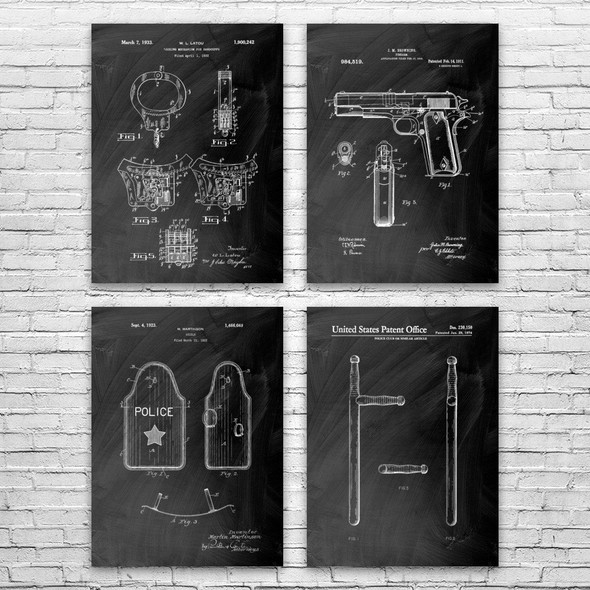 Police Patent Wall Art Set of 4
