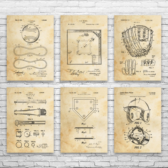 Baseball Patent Wall Art Set of 6 Baseball Patent Wall Art Set of 6