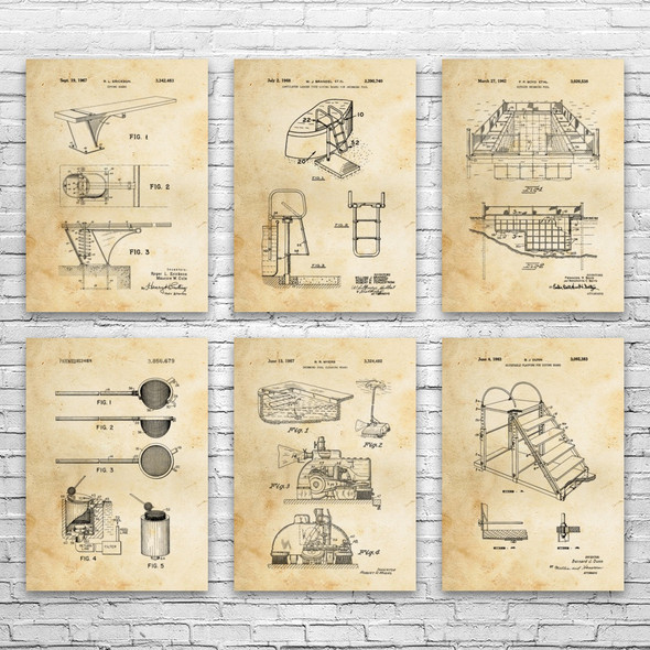 Swimming Pool Patent Wall Art Set of 6 Swimming Pool Patent Wall Art Set of 6