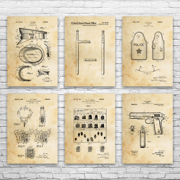 Police Patent Wall Art Set of 6