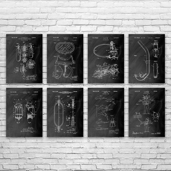 Scuba Diving Patent Wall Art Set of 8 Scuba Diving Patent Wall Art Set of 8