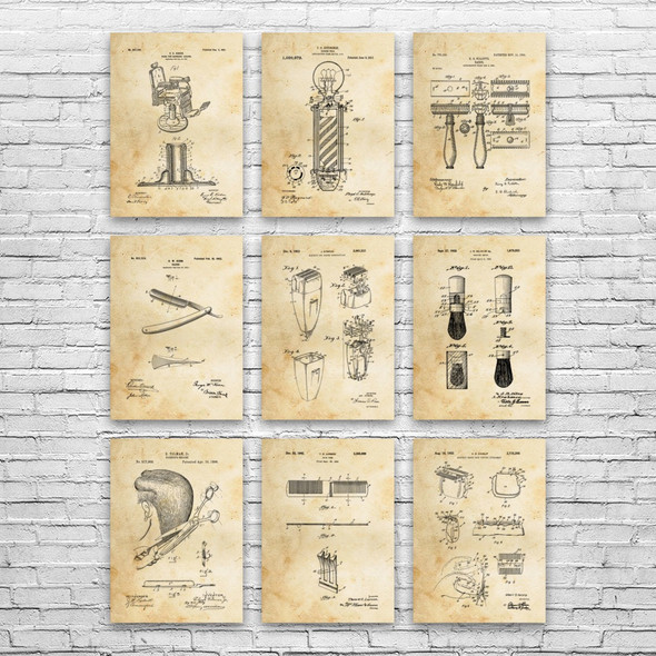 Barber Shop Patent Wall Art Set of 9