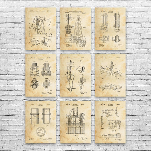 Oil Well Patent Wall Art Set of 9