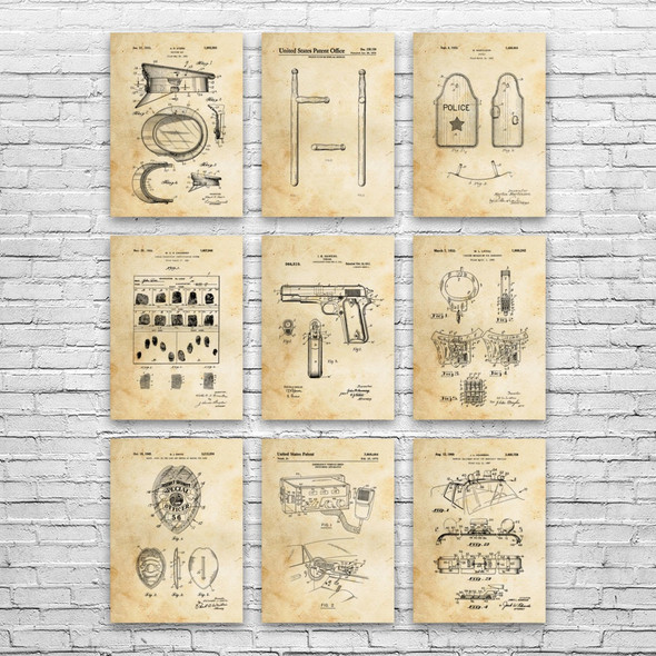 Police Patent Wall Art Set of 9
