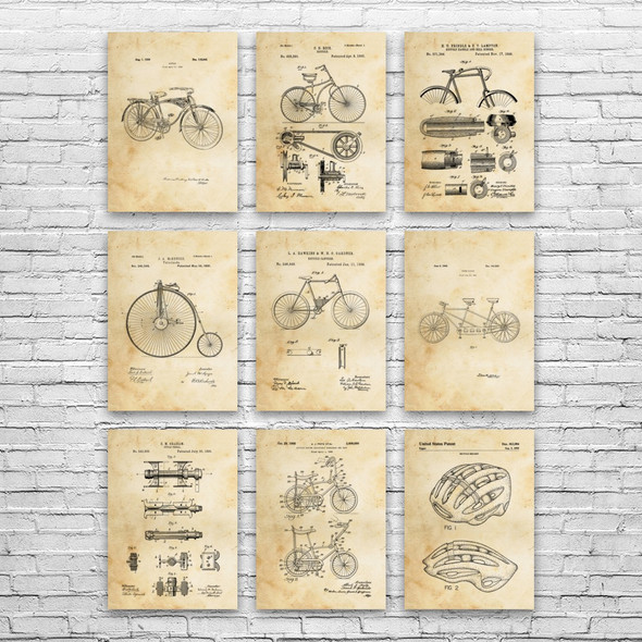 Bicycle Patent Wall Art Set of 9