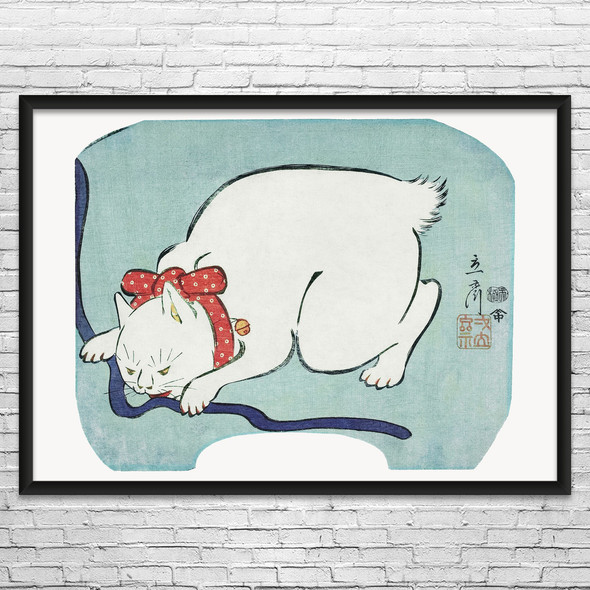 White Cat Ukiyo-e Wall Art