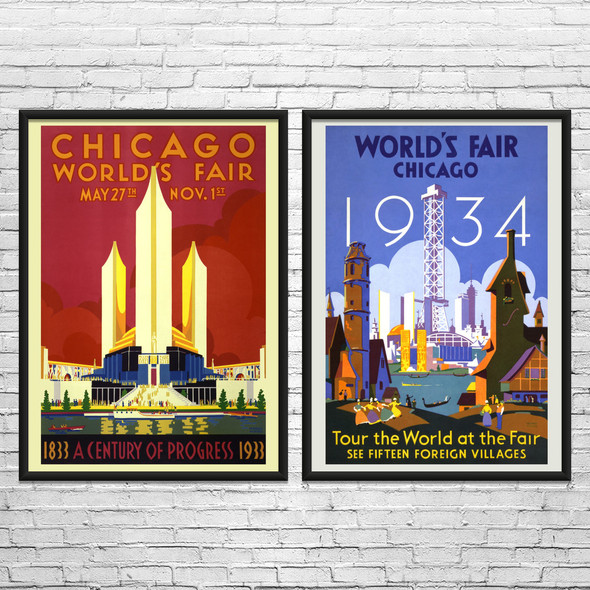 Chicago Worlds Fair Vintage Travel Art Set of 2