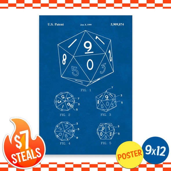 20 Sided Dice Patent Wall Art Poster (unframed) 9" x 12"