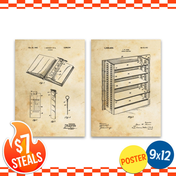 Library Patent Wall Art Set of 2 Posters (unframed) 9" x 12"