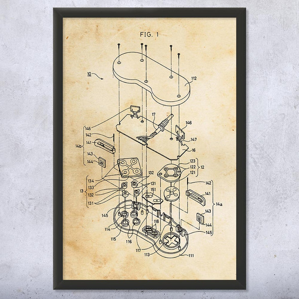 Super Nintendo SNES Controller Exploded View Patent Wall Art