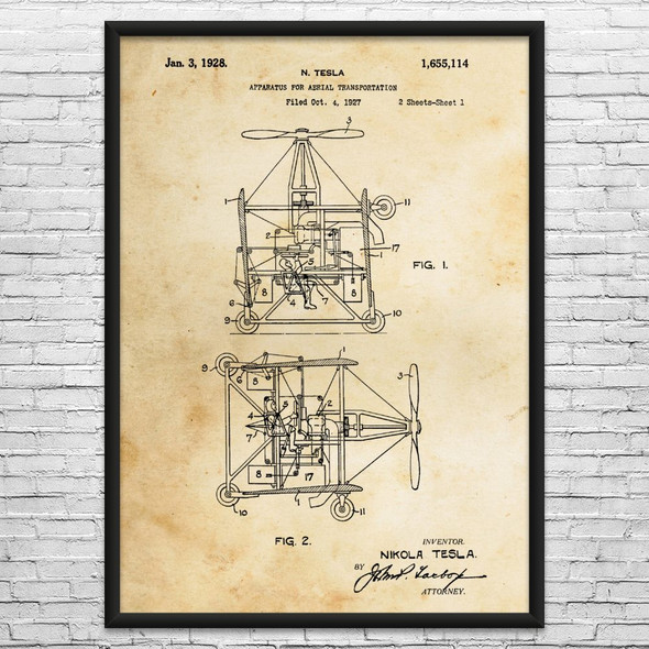 Nikola Tesla Flying Car Patent Wall Art