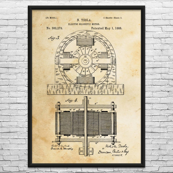 Nikola Tesla Electromagnetic Motor Patent Wall Art