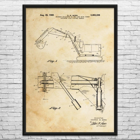 Backhoe Excavator Patent Wall Art